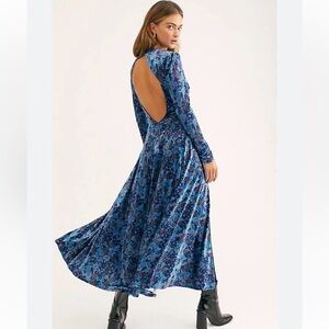 FREE PEOPLE Heartland Crushed Velvet Floral Midi Maxi Dress Sz M Open Back